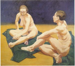 1962 Male and Female Models Sitting on the Floor Oil on Canvas 44 x 55