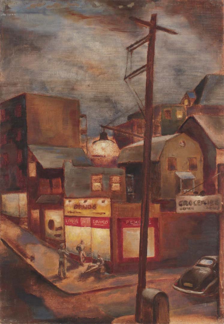 1942 Street Corner in Pittsburgh Oil on Board 24 x 16.50