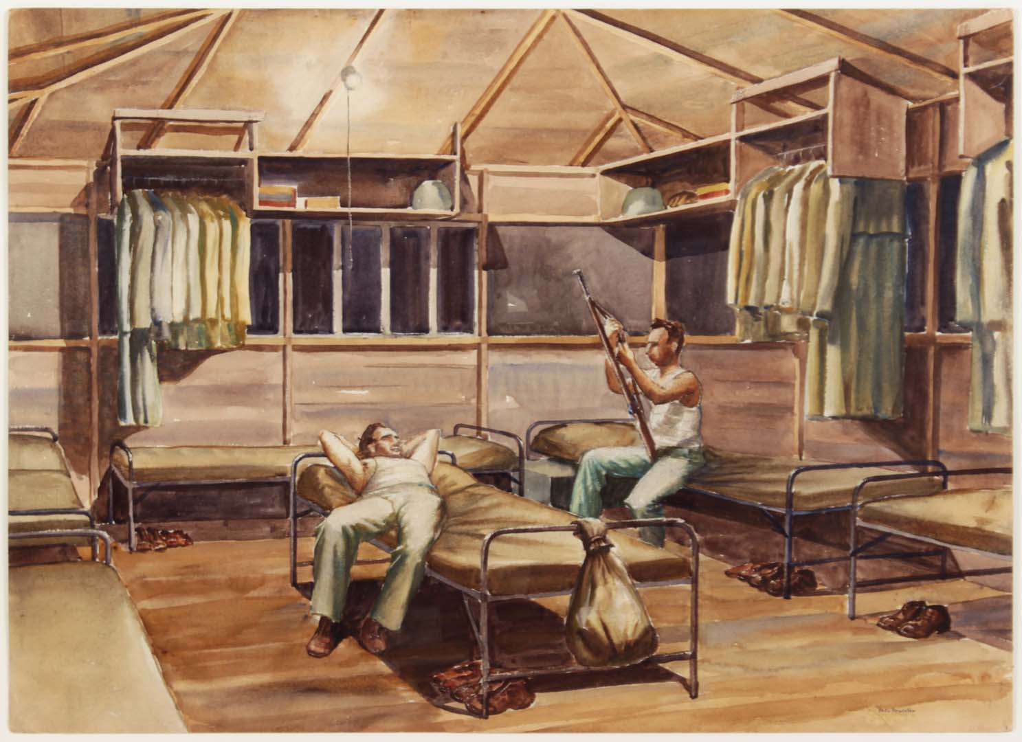 1943 Two Soldiers in Hut Camp Blanding [#28] Watercolor on Paper 21.25 x 29.5