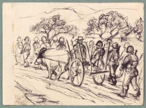 1944 NT (Ox Cart Caserta Italy) Pen and Ink on Paper 4.8125 x 6.125