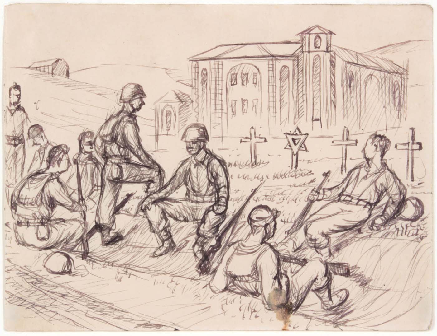 1944 Resting Near Rome (Cemetery) Pen and Ink on Paper 4.8125 x 6.3125