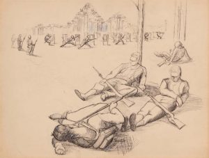 1944 Soldiers Resting (Study for Bayonet Practice) Pen and Ink on Paper 10.6875 x 13.9375