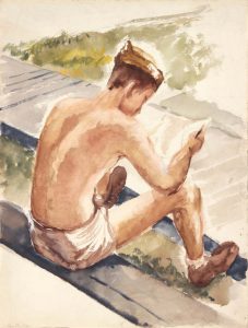 1944 Training In Florida (Soldier Reading Letter) Watercolor on Paper 16 x 12
