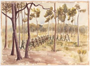 1944 Training in Florida Camp Blanding Fla (Soldiers Marching among Trees) Watercolor on Paper 23 x 31