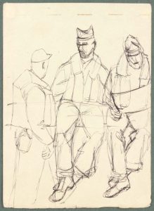 1944 NT (3 soldiers one reading) Pen and Ink on Paper 6.625 x 4.8125