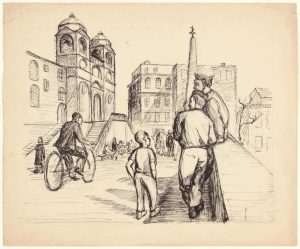 1945 Soldiers in Rome (Spanish Steps) Pen and Ink on Paper 10 x 12