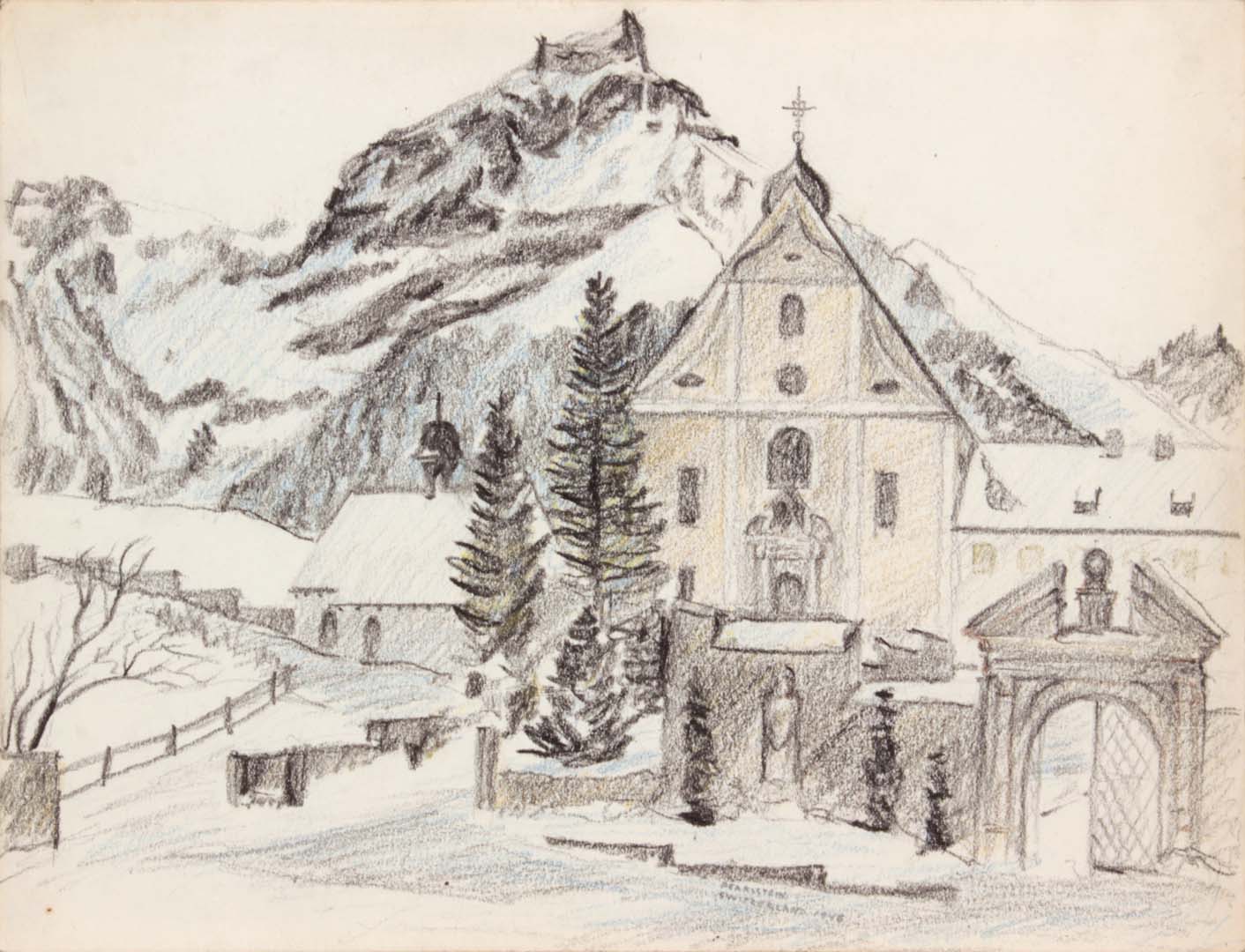 1946 Alpine Village (Switzerland) Conte Crayon 9 x 11.875