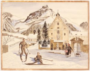 1946 Alpine Village (Switzerland Soldiers Skiing) Watercolor on Paper 15.1875 x 19