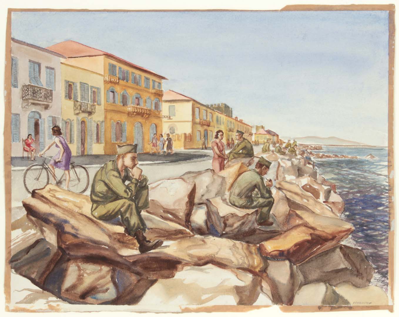 1946 GIs at Marina di Pisa Breakwater Watercolor on Paper 14 x 18
