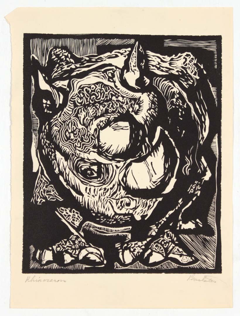 1948 Rhinoceros Linoleum Cut 11.25 x 8.3125