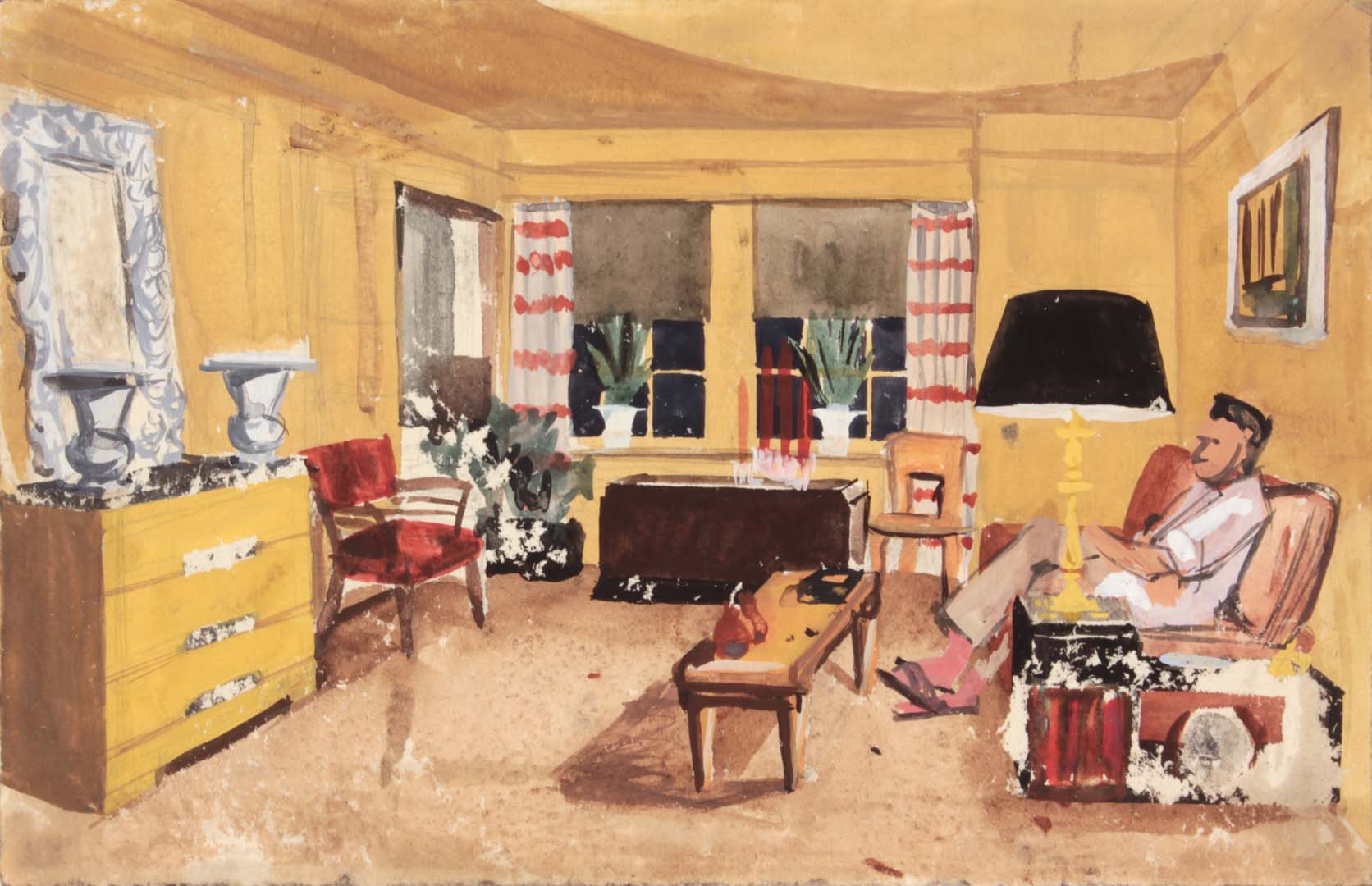 1949 NT (Dwelling Spaces Living Room 1 Striped Curtains) Casein and Graphite on Paper 7.375 x 11.50