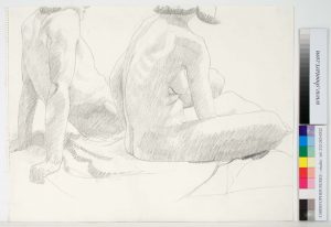 1969 Seated Female Model and Leaning Male Model Pencil on Paper 18 x 23.75