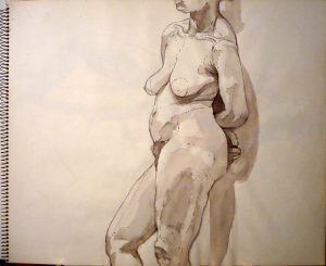 1969 Standing Nude Mode Wash on Paper 14 x 17