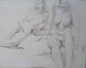 1969 Two Female models on Drape Pencil on Paper 22.5 x 28.5