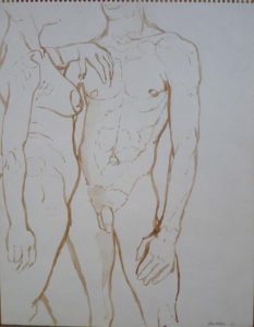 1961 Female and Male Nudes Facing Each Other Sepia on Paper 13.875 x 10.875