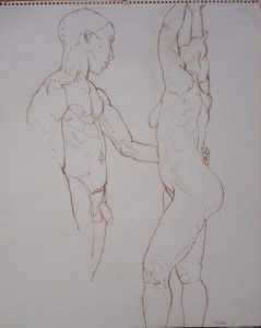 1961 Male Model with Arm on Female Model's Waist Sepia on Paper 17 x 14