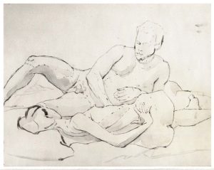 1961 Reclining Male and Female Models Wash on Paper 10.75 x 13.75