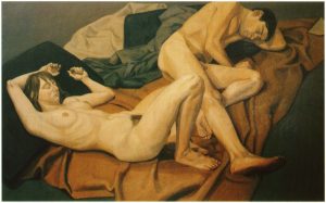 1964 Male and Female Model Reclining Oil on Canvas 60 x 96