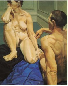 1964 Male and Female Models Sitting on the Floor Oil on Canvas 60.5 x 48