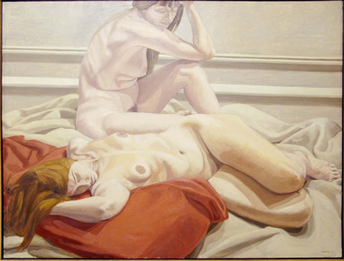 1964 Two Female Models on Red & White Drapes Oil on Canvas Dimensions Unknown