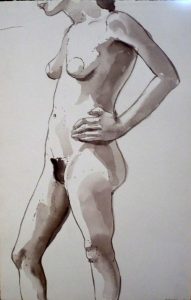 1965 Female Nude with Hand on Hip Black Wash 20.875 x 18.625