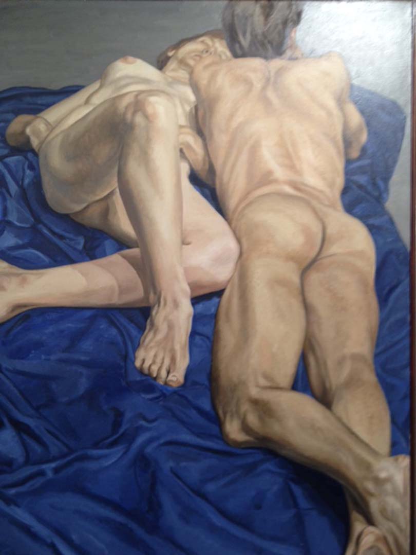 1965 Two Models with Blue Drape Oil on Canvas 72 x 54
