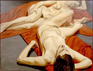 1965 Two Nudes with Red Drape Oil on Canvas 54 x 70