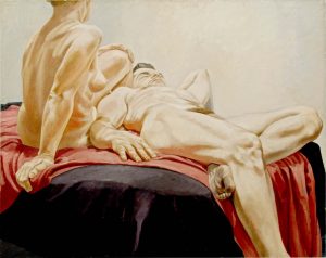 1966 Reclining Male and Female Nudes on Red and Black Drapes Oil on Canvas 48 x 60