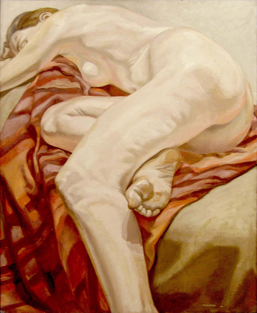 1966 Reclining Model on Striped Cloth Oil on Canvas 44 x 36