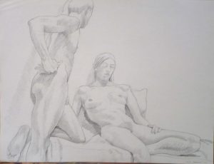 1966 Standing Male Leaning Forward on Seated Female Pencil 17.875 x 23.625