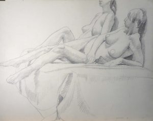 1966 Two Female Models Leaning Back Pencil 22.5 x 28.5