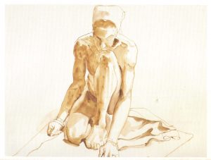 1967 Kneeling Figure Sepia Wash on Paper 22 x 30