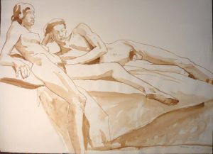 1967 Reclining Female and Male Nudes Sepia 22 x 29.875