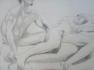 1967 Seated Male Model and Reclining Female Pencil 17.875 x 23.5