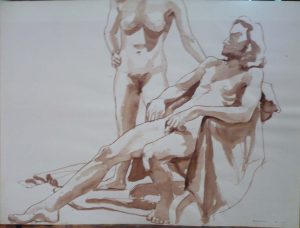 1967 Standing Female Model and Seated Male Model with Chair Sepia 22 x 30