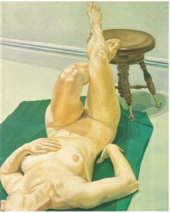 1968 Female Lying on Green Rug with Foot on Piano Stool Oil on Canvas 44 x 36