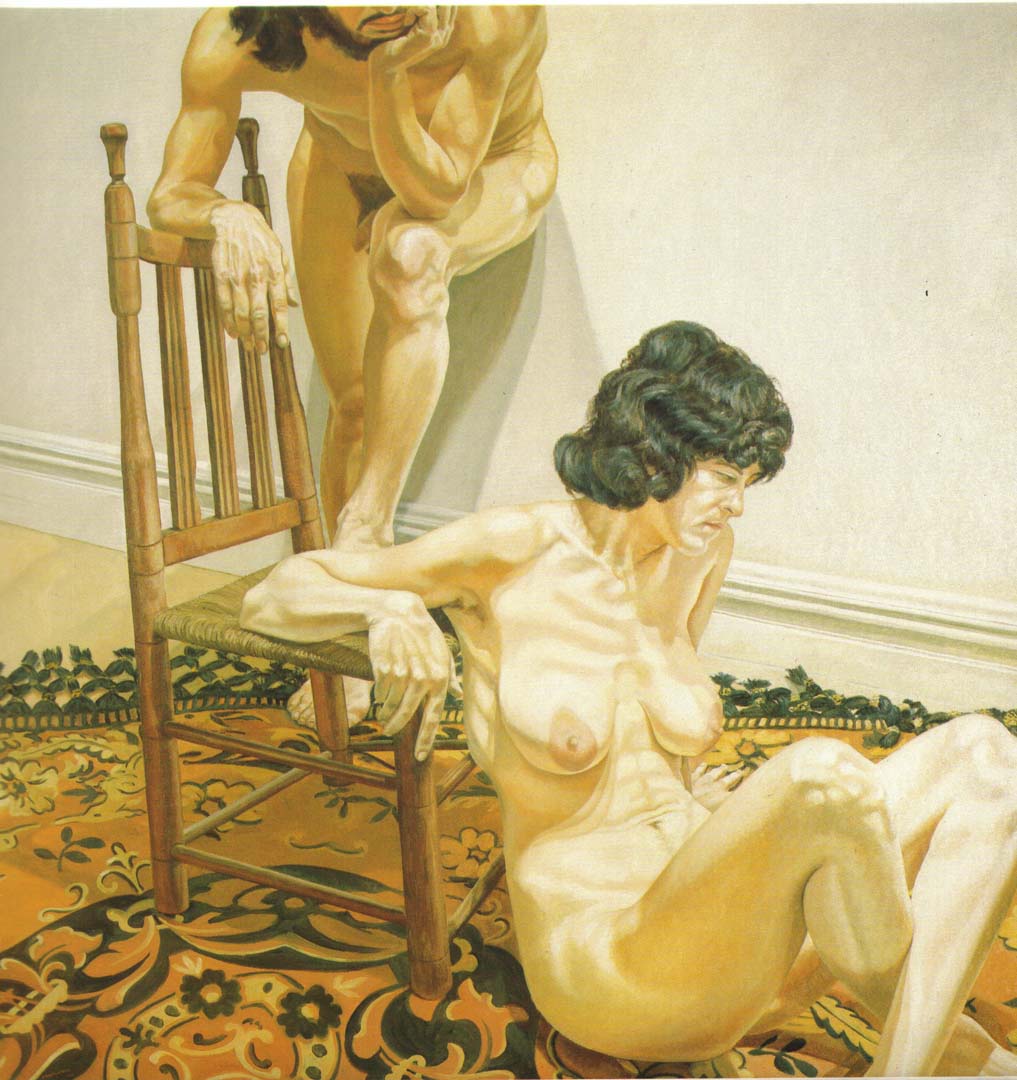 1970 Male and Female Models Leaning on Chair Oil on Canvas 72 x 72