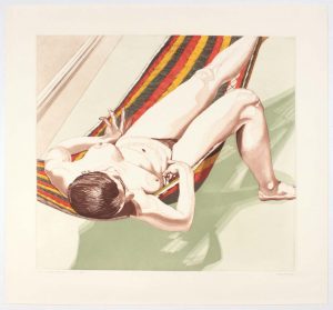 1974 Nude on Striped Hammock Aquatint Etching on Paper 30 x 32.25