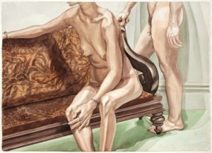 1975 Seated Female Model and Standing Male Model with Crushed Velvet Sofa Watercolor on Paper 29.375 x 41