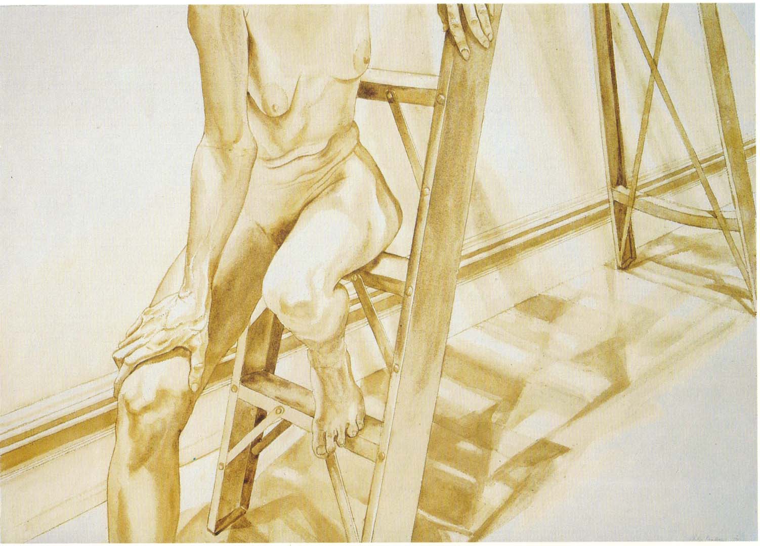 1976 Female Model on Ladder Sepia Wash on Paper 29.5 x 41