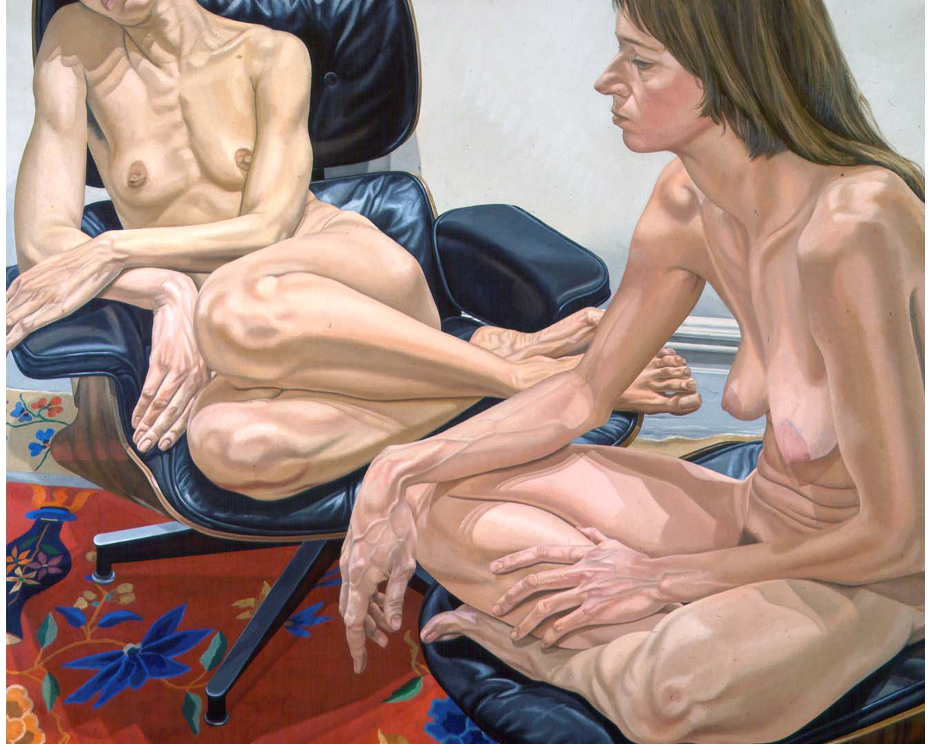 1976 Two Female Models on Eames Chair and Stool Oil on Canvas 60 x 72