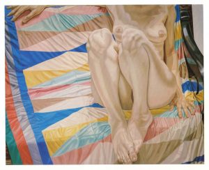 1977 Female Model on Lozenge Patterned Drape Oil on Canvas 48 x 60