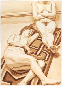 1978 Seated and Reclining Female Nudes on Rug Sepia Wash 41 x 29.25