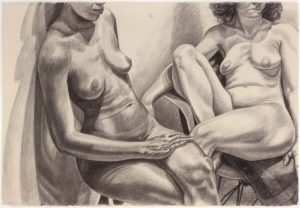 1982 Two Models One on Eames Chair Graphite on Paper 30.25 x 44