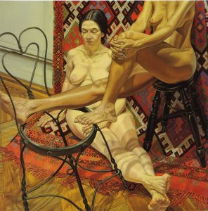 1984 Two Models with Bent Wire Chair and Kilm Rug Oil on Canvas 72 x 72
