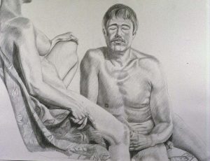 1986 Female Model Reclining Male Model Facing Front Pencil 30 x 40