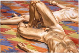 1986 Male and Female Models on Afghanistan Rug Watercolor on Paper 40 x 59.5