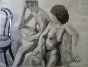 1986 Two Models on Steps with Bentwood Chair Pencil 30 x 40