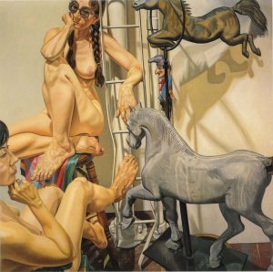 1988 Two Nudes with Horse Weathervanes and Punch Oil on Canvas 72 x 72
