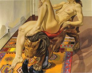 1991 Nude Reclining on Luna Park Lion Oil on Canvas 48 x 60